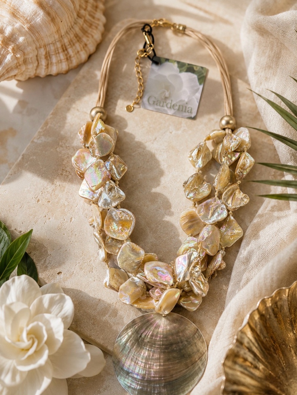 Mother of Pearl Gardenia Iridescent Shell Statement Necklace in Champagne